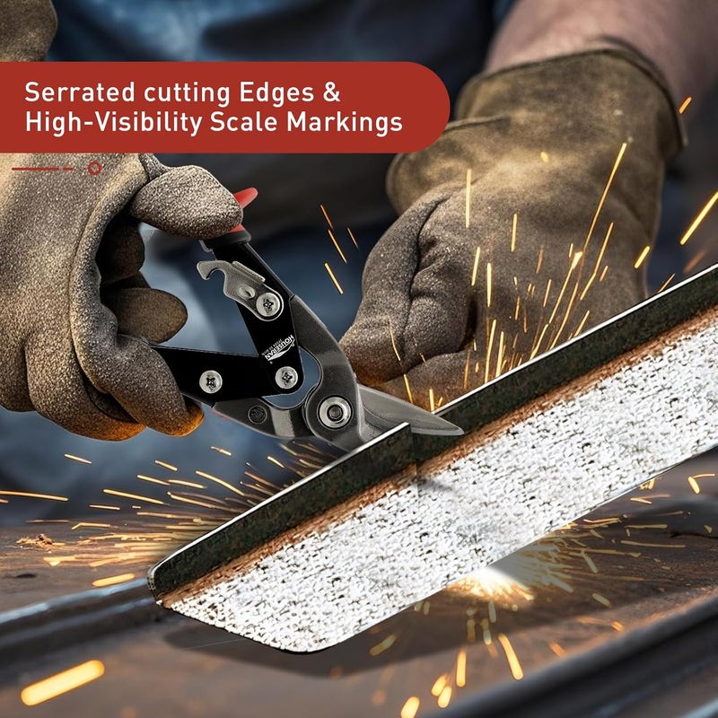 HOUSERAN 10 Inch Tin Snips, Right Cut Offset Aviation Snips, Heavy Duty CR-MO Metal Cutter with Double Lever, Scale Markings & Safety Lock, Tinner Shears Scissors for Cutting Metal Sheet - Image 5